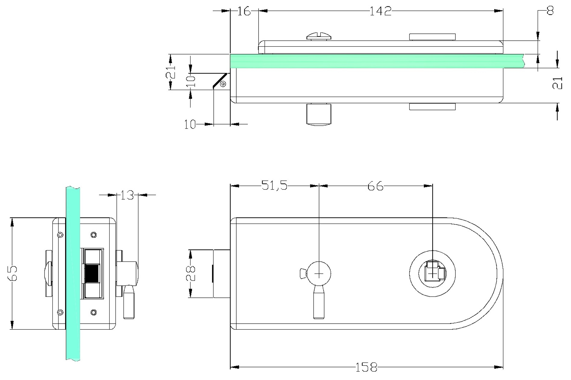 Glastürschloss Serie "D" für Studio - Bohrung, Edelstahl matt