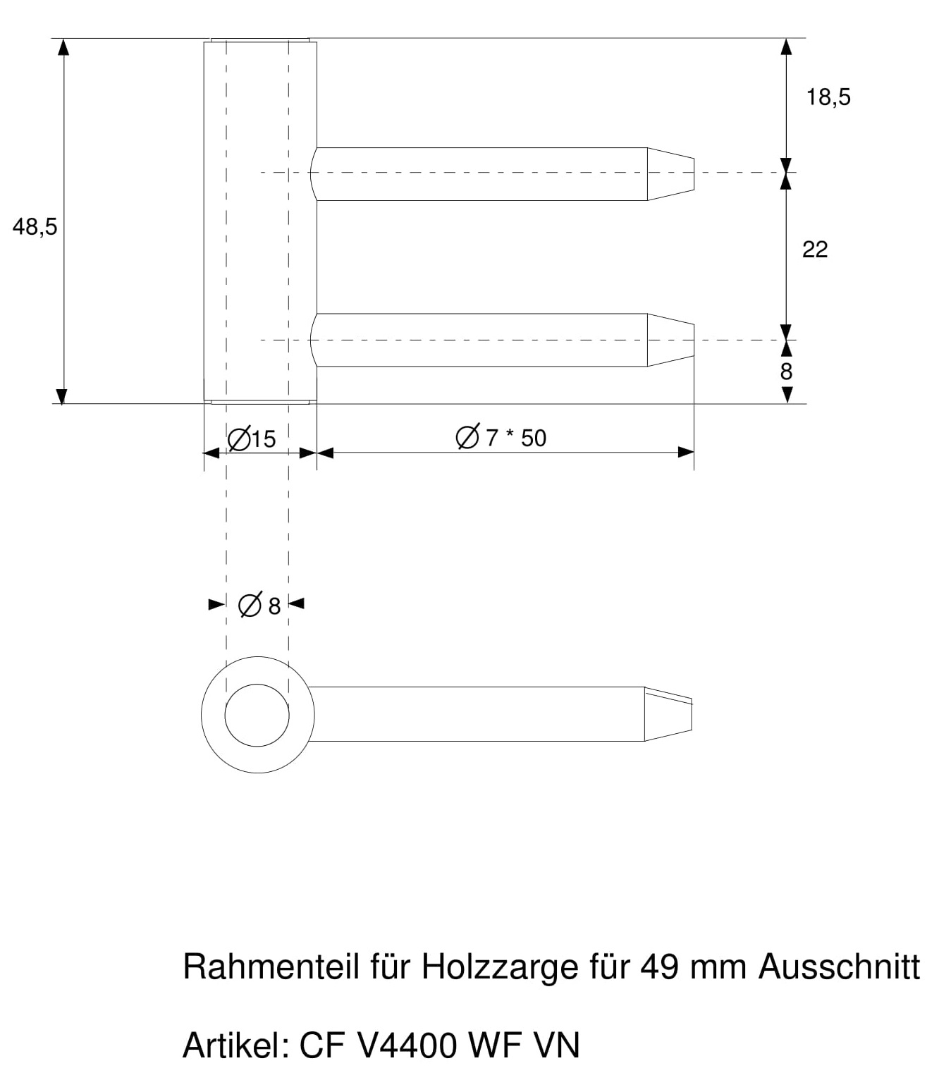 Rahmenteil V4400 WF für Holzzarge für 3-tlg. Bänder Mittelteil: 49 mm, vernickelt