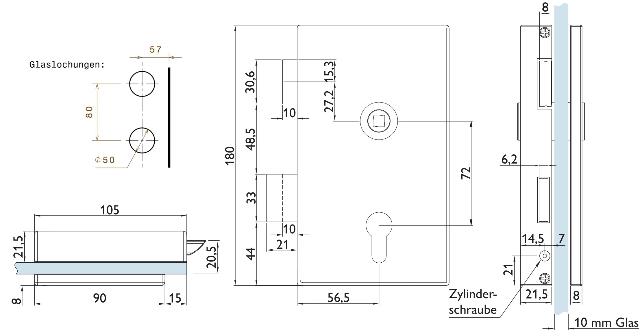 Glastürschloss Serie "E" eckig, Büro / Office Bohrung, Edelstahl matt, 10 mm Glas