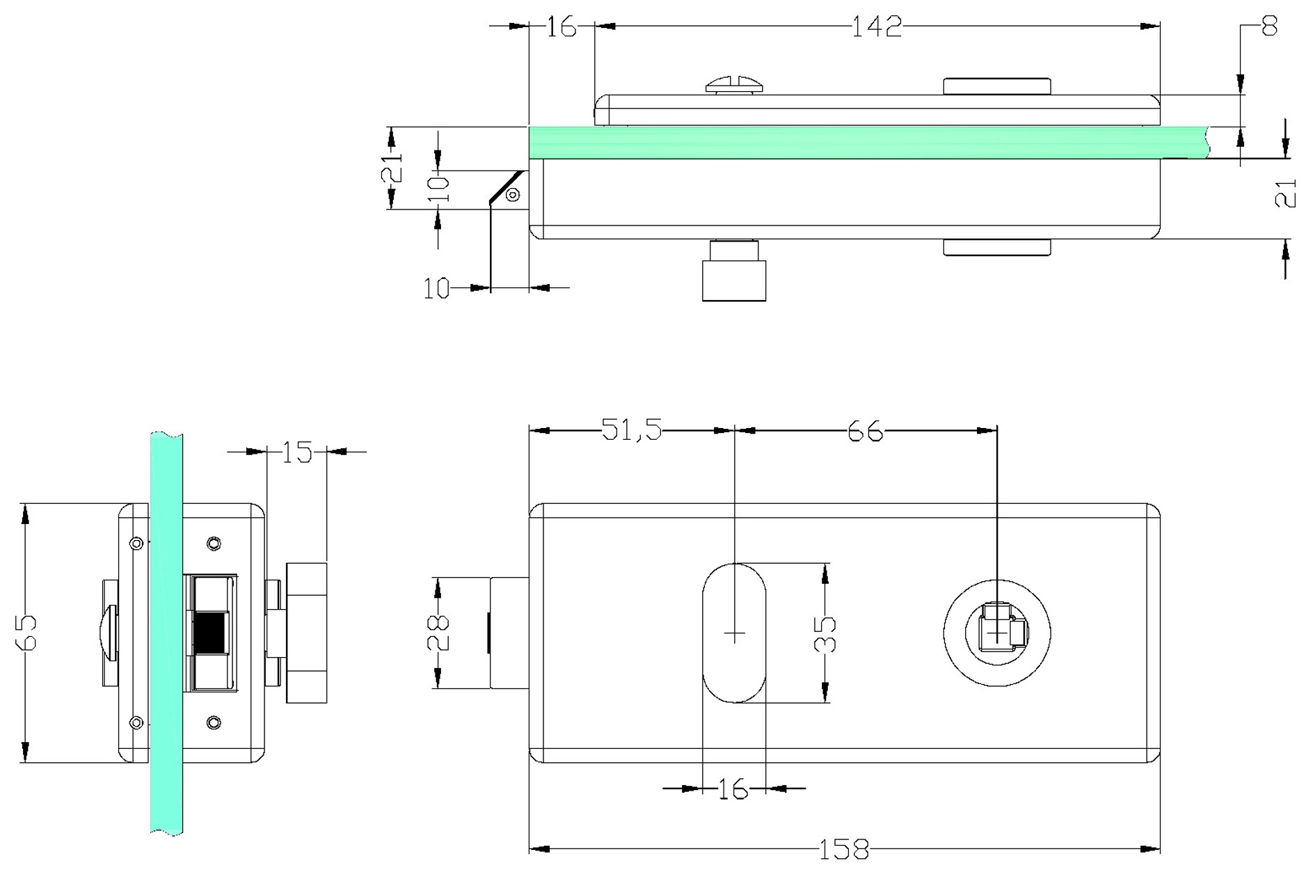 Glastürschloss Serie "Q" eckige Form, Edelstahl matt