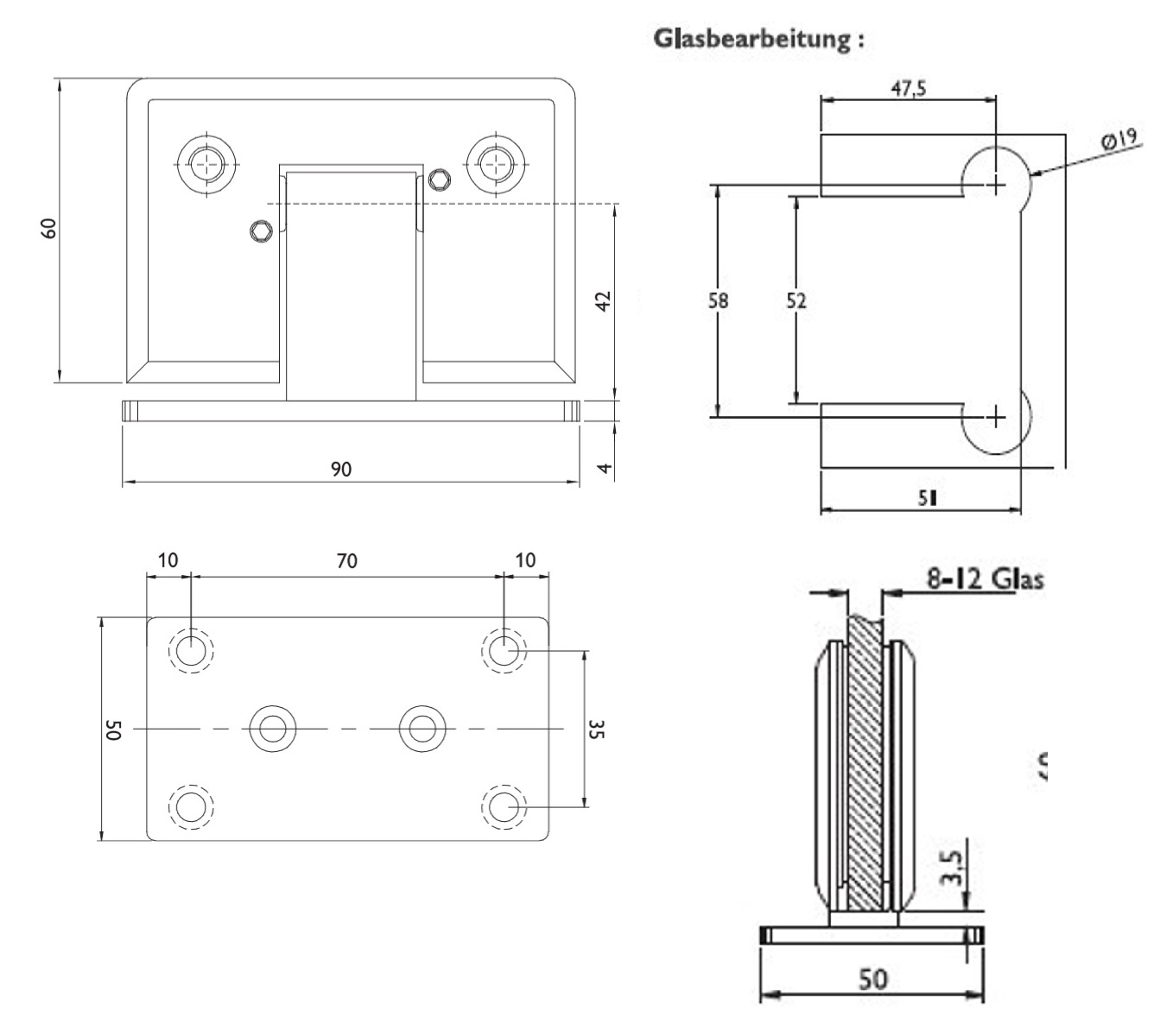Pendeltürbandpaar für Glas 8-12 mm mit maximal Gewicht: 60 kg, Edelstahloptik