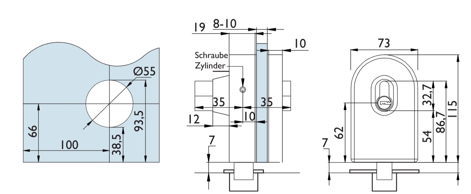 Zusatzschloss für Glasschiebe- und Drehtüren mit Profilzylinder